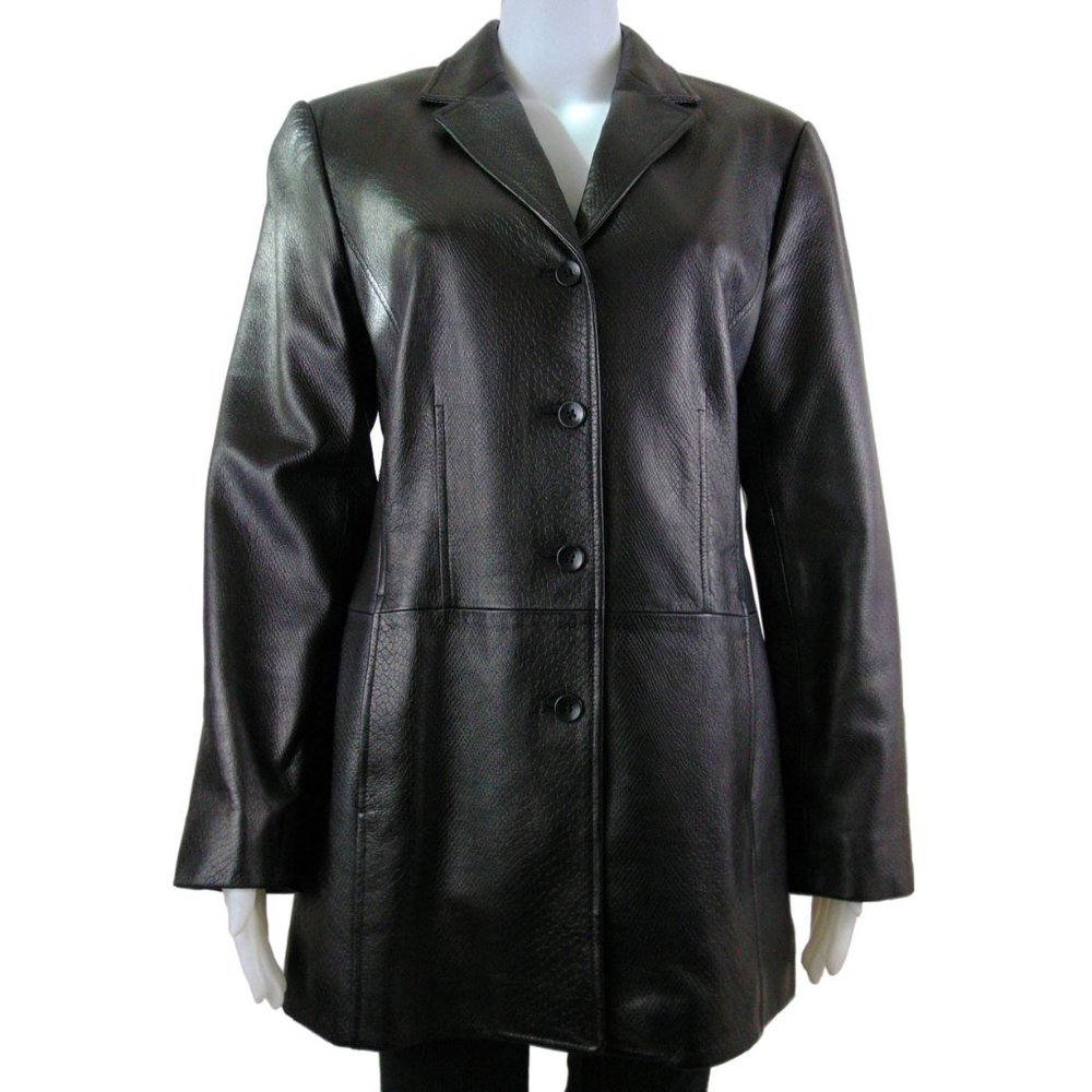 Woman's Black Leather Mid Length Jacket - Size 12